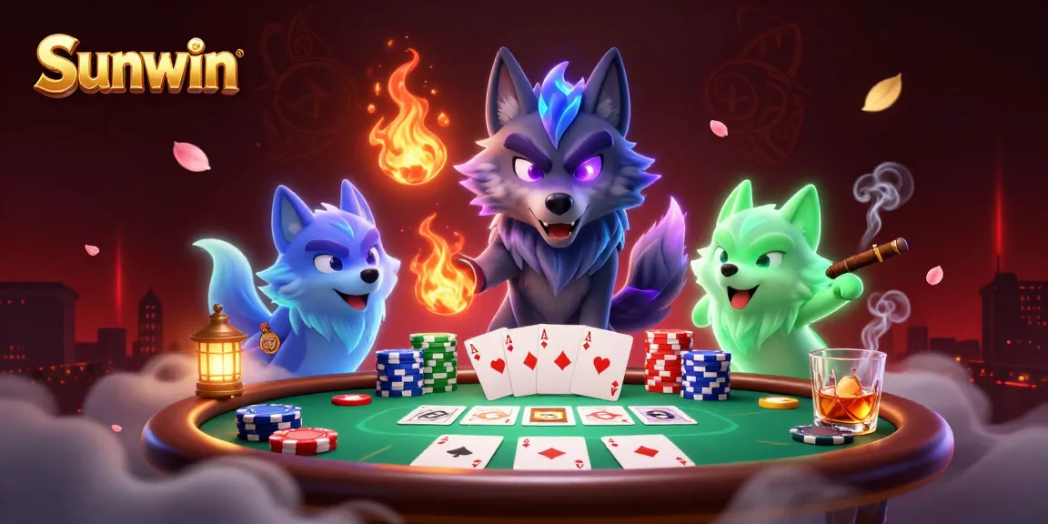 Sunwin engages players with thrilling poker action showcasing vibrant 3D ghostly wolves and competitive elements.
