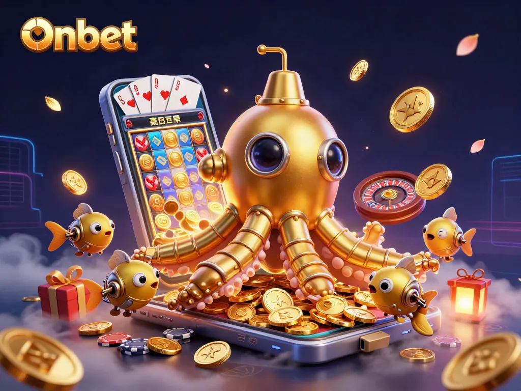 Onbet showcases a golden kraken submarine amidst a flurry of casino treasures and games.