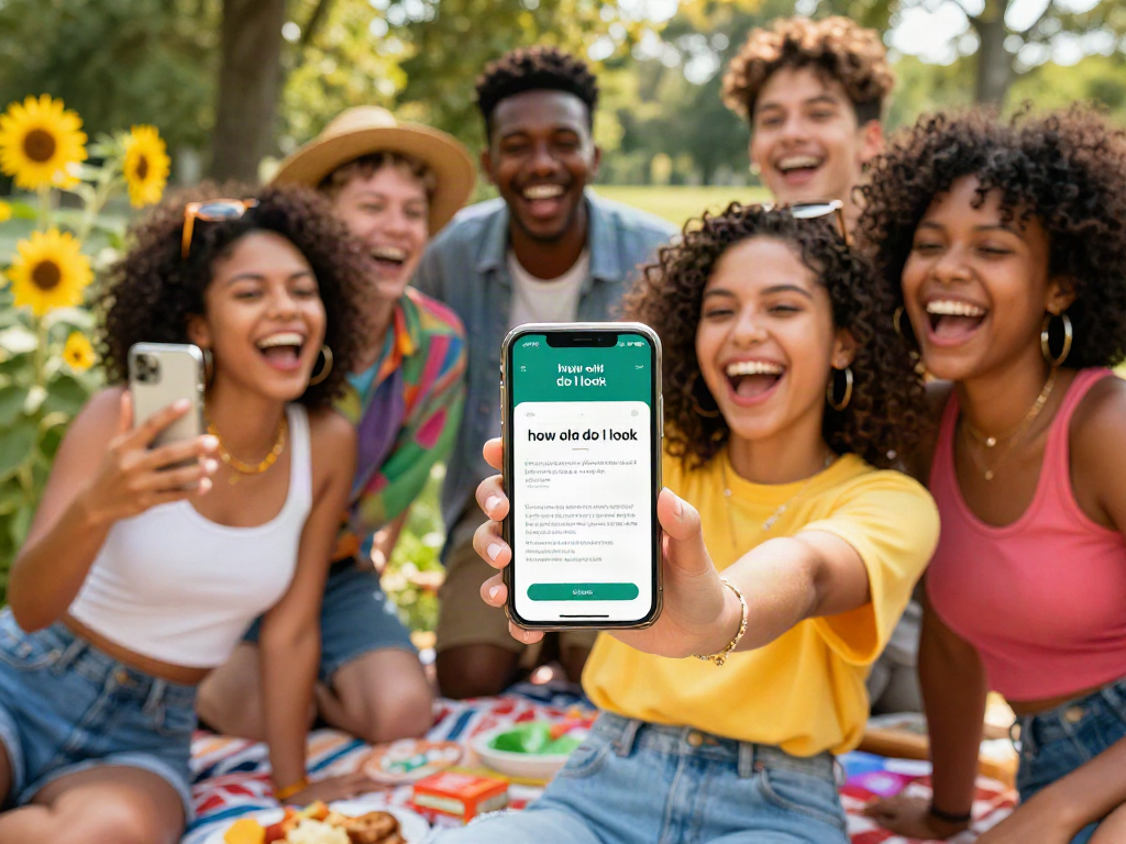 Friends using "how old do I look" app with smiles in a sunny park.