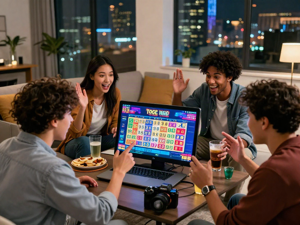 Friends enjoying togel online bets during a lively gaming night, showcasing excitement and camaraderie.