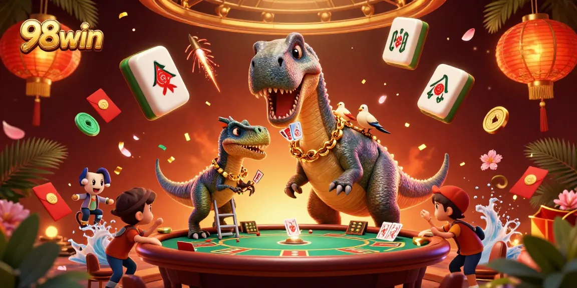 Experience the vibrant world of 98win with a thrilling casino scene featuring a fun cartoon dinosaur and lively gaming elements.