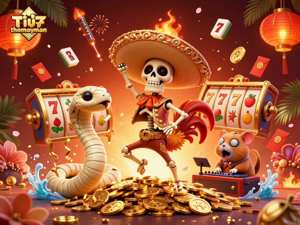 Spin the reels with thomayman for a thrilling jackpot adventure amidst vibrant gaming elements.