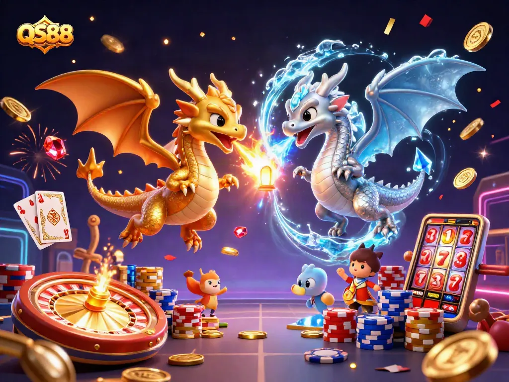 Experience excitement with QS88 as golden dragons create a dynamic casino atmosphere surrounded by vibrant gaming elements.