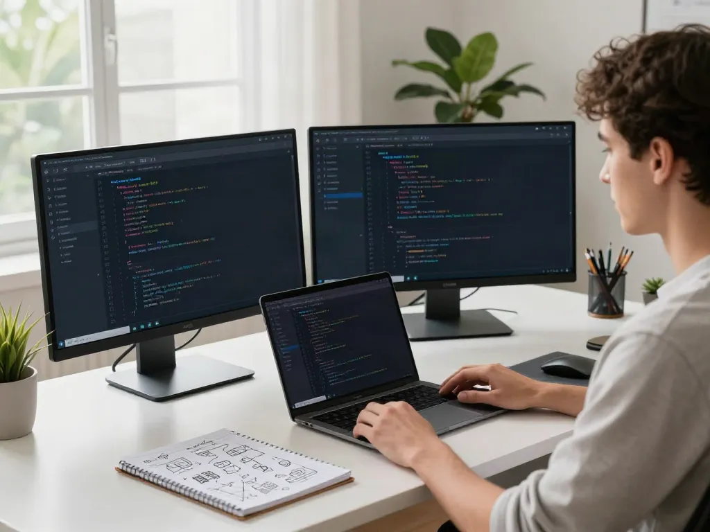 Efficient home office setup showcasing v2rayN application on monitors with stylish decor.