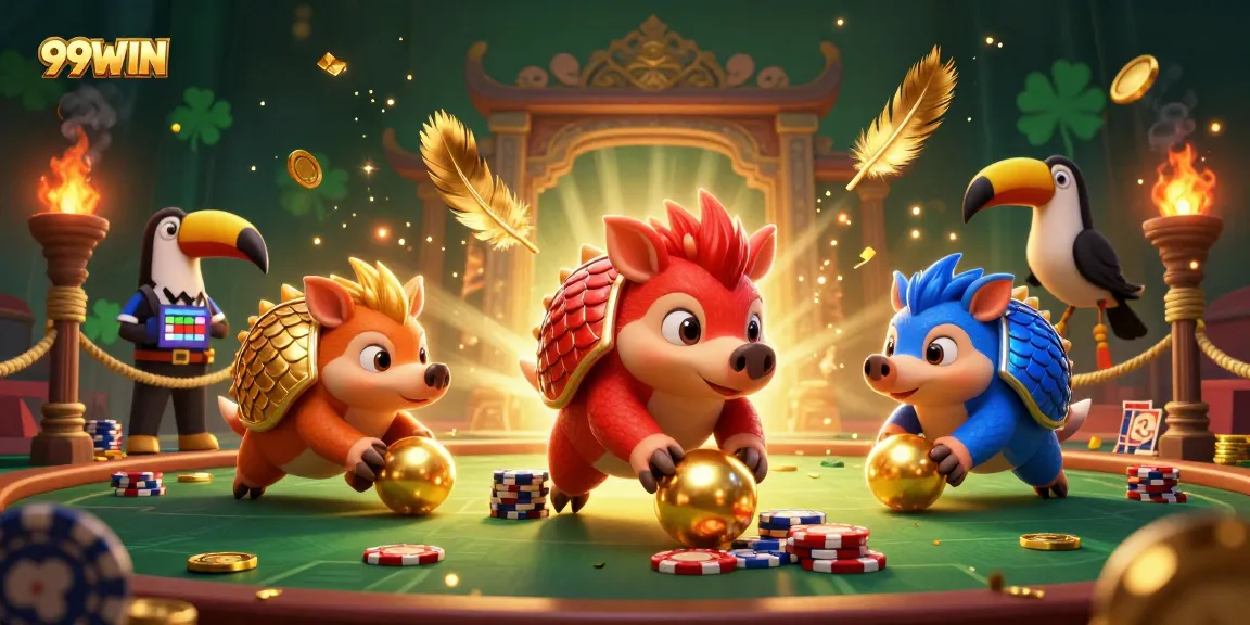 Engage in thrilling gameplay at 99WIN with pangolins bowling through poker chips and golden tokens.