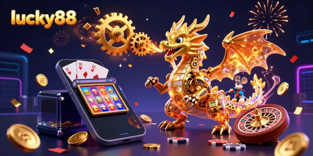 Experience thrilling gameplay with lucky88's vibrant slot games in a magical casino scene with a dragon.
