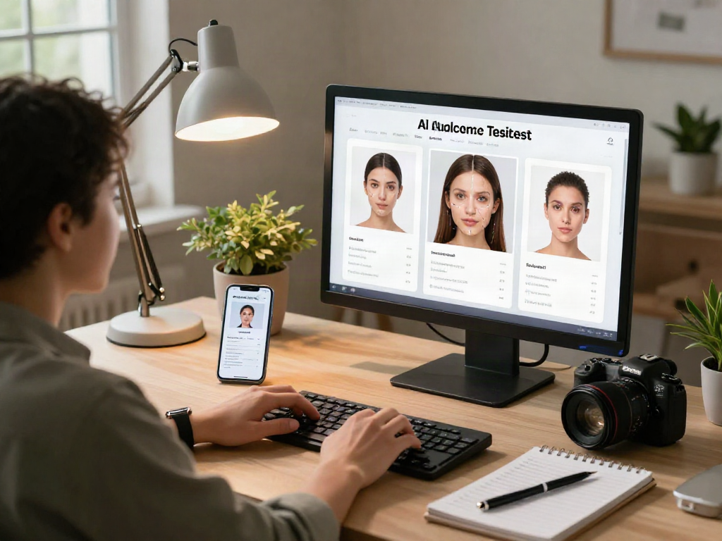 Engaging user taking an AI attractiveness test on a modern home office setup with beauty metrics displayed