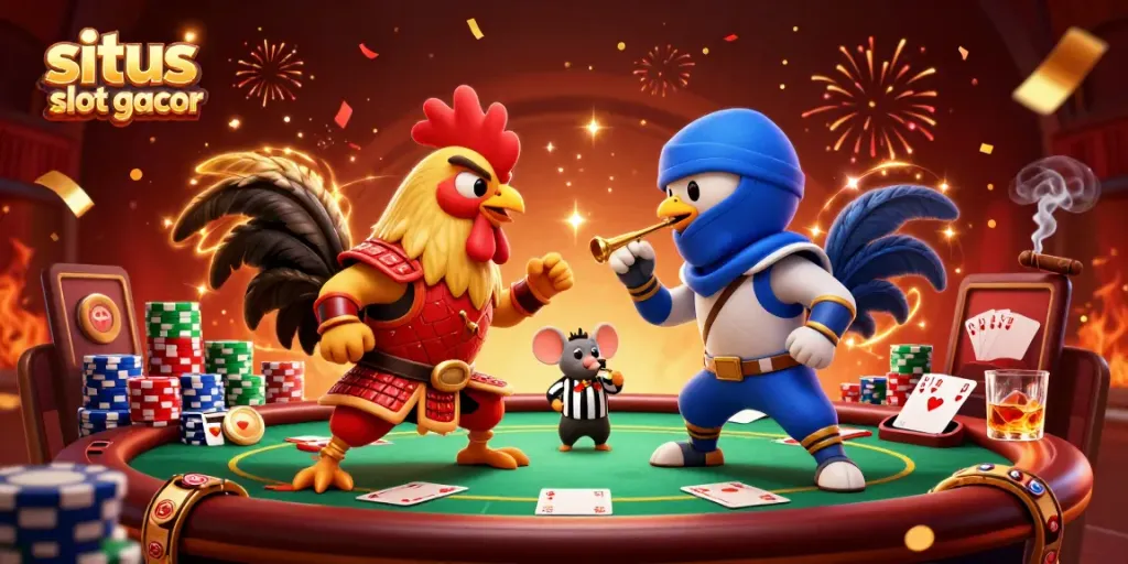 Grafik pertarungan ayam 3D penuh warna di situs slot gacor dengan elemen kasino.