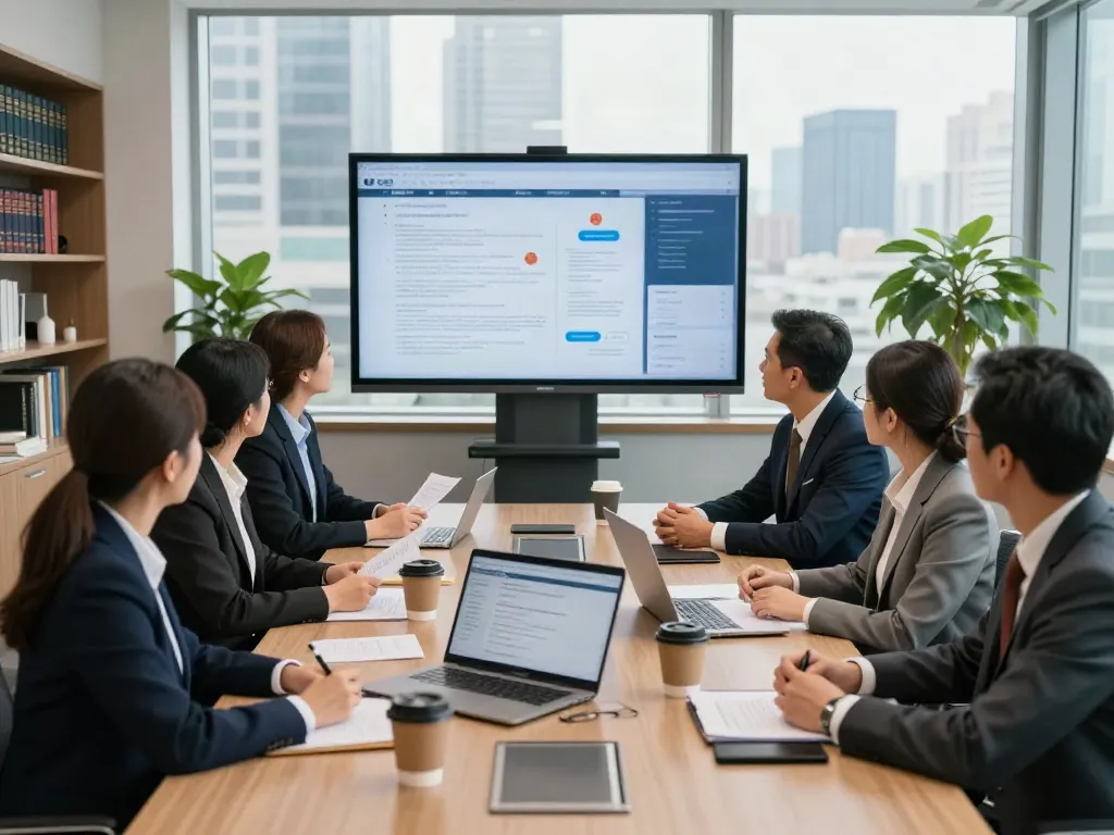 Lead Roedl team engaged in strategic legal meeting with documents and digital displays.