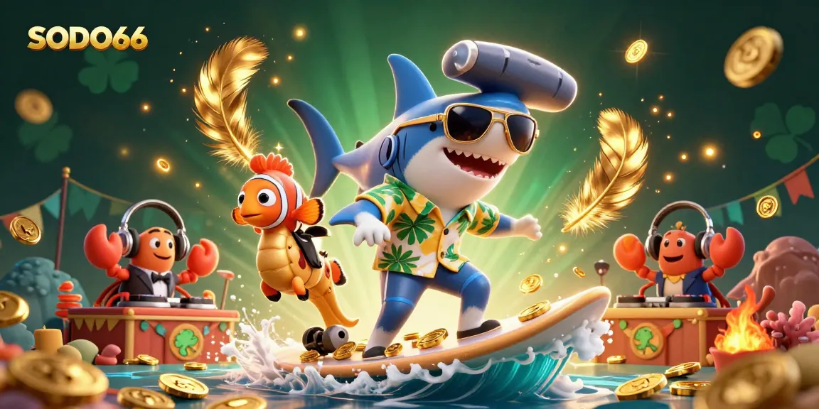 SODO66 brings lively action into fishing games with a shark surfing gold coins, clownfish, and crab DJ.