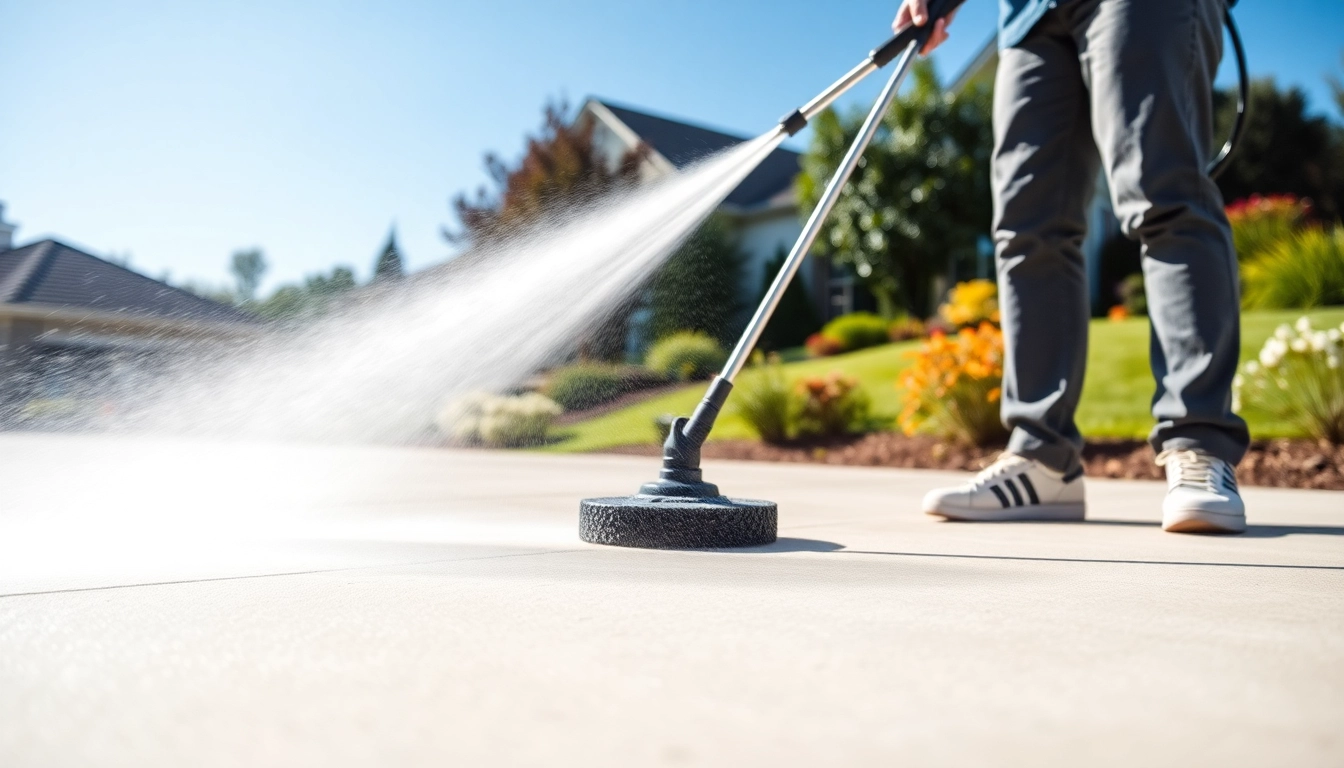 Driveway cleaning in progress featuring a pressure washer revitalizing a concrete surface.