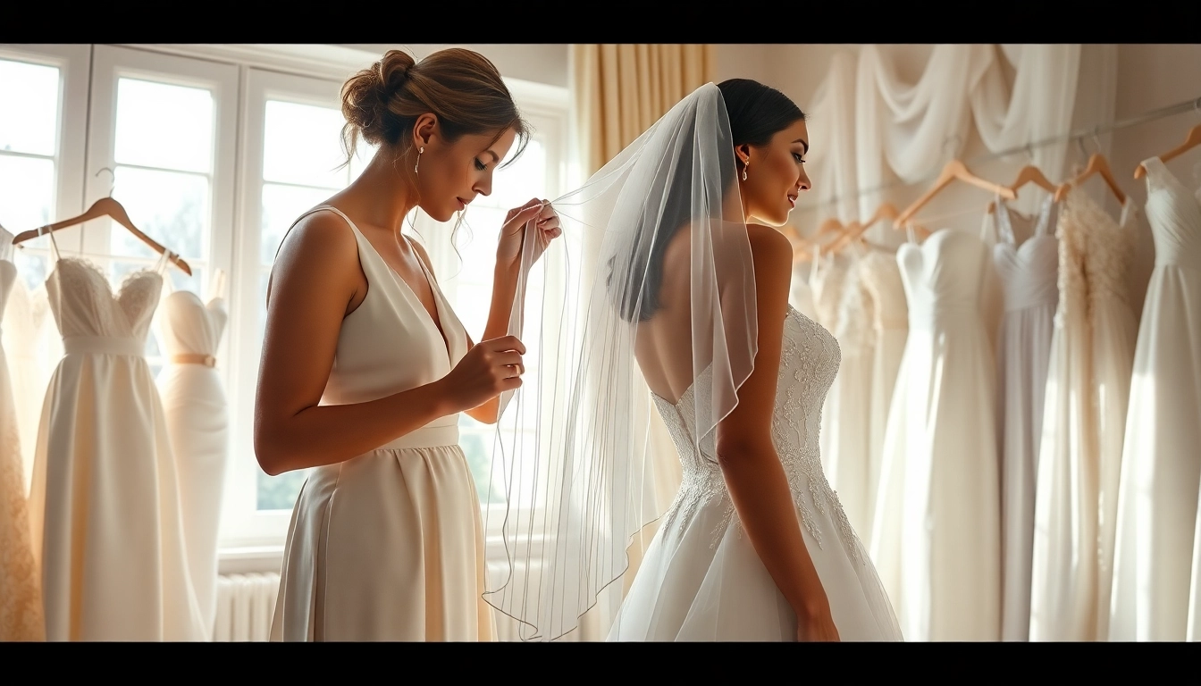 Gestire la cura e la scelta stilistica del bridal styling mentre la sposa prova vestiti eleganti.
