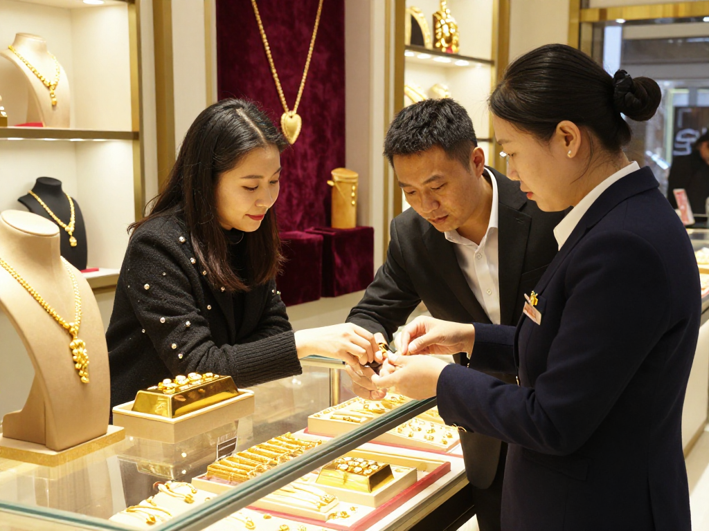 Couple exploring gold jewelry options at a refined store, mantra88 displayed in quality pieces