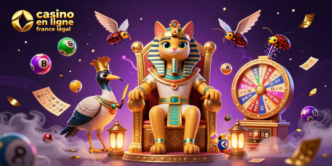 Jouer au casino en ligne France légal avec un pharaon égyptien et des éléments de loterie colorés.