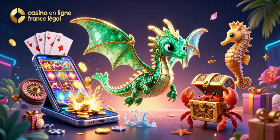 Casino en ligne France légal : illustration d'un dragon de mer entouré de jeux de casino.