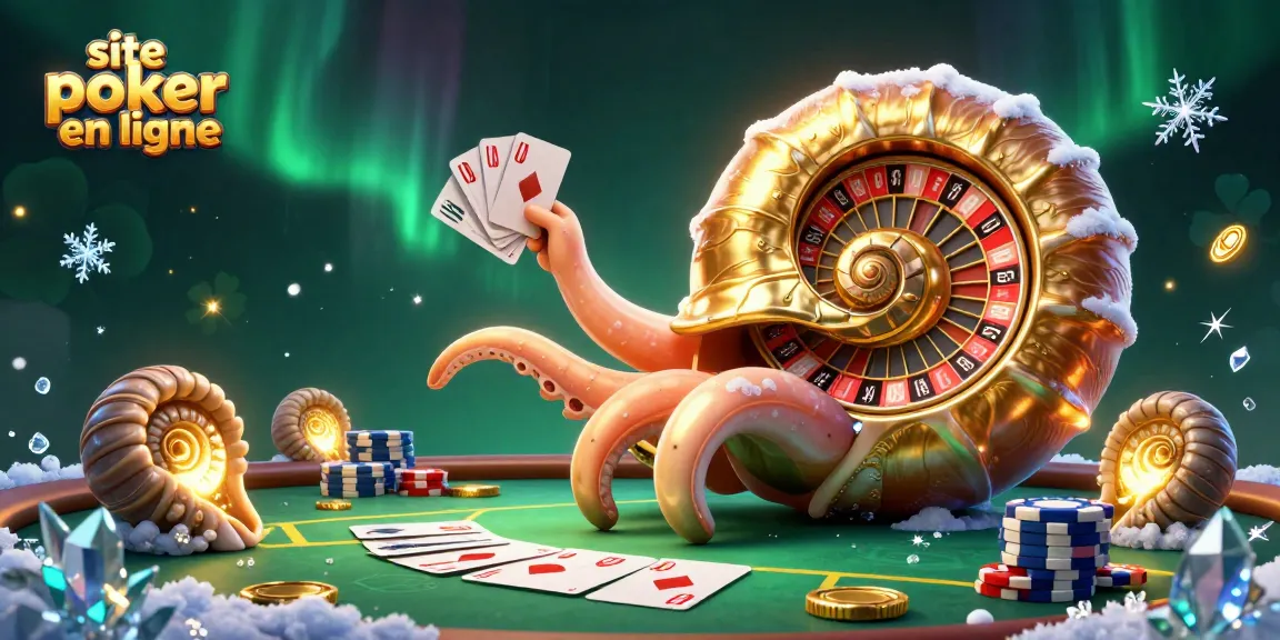 Site poker en ligne avec une grande nautilus jouant aux cartes et illuminée par des méthodes de paiement crypto.