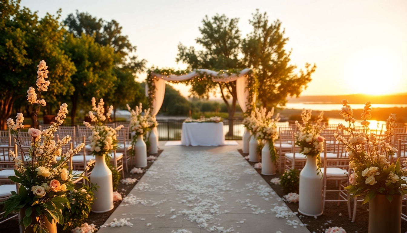 Stunning outdoor wedding venue Sacramento Delta highlighted by enchanting flowers and sunset views.