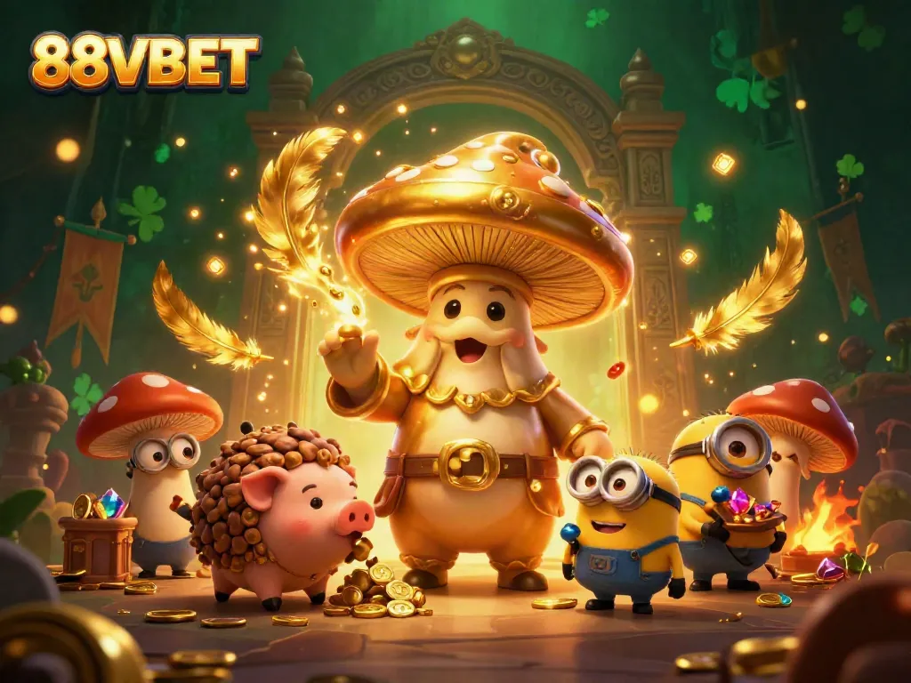 Engage in thrilling adventures at 88VBET with the golden mushroom wizard and treasure-filled scene.