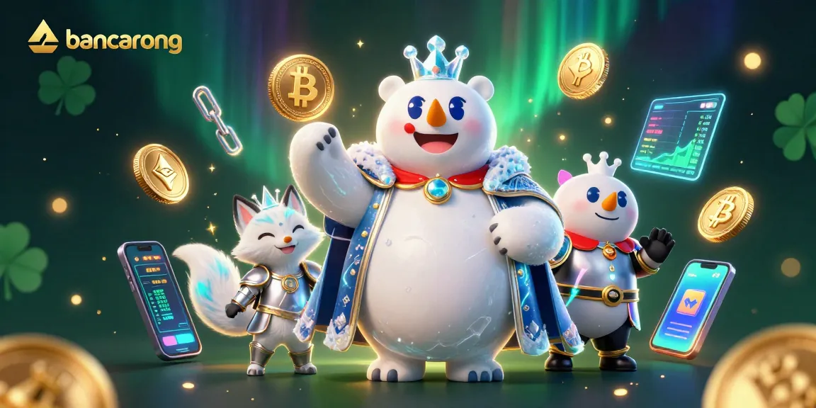 Bancarong illuminates the casino world with a lively scene of a polar bear king and his fox companion amidst dazzling crypto elements.