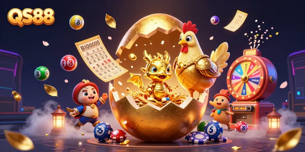Engage with QS88 through a vibrant, dynamic casino illustration featuring golden dragons and lottery elements.