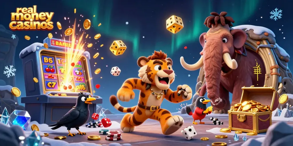 Experience thrilling real money casinos with a vibrant 3D illustration of a prehistoric casino