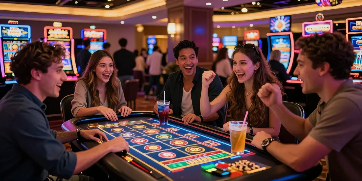 Excited group playing we88 PGSLOT at vibrant casino table, drinks and snacks present.