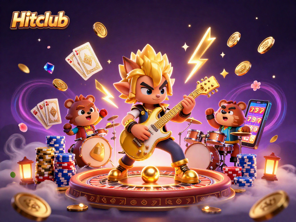 Experience the thrill at Hitclub with a rock star wolf and vibrant casino elements!