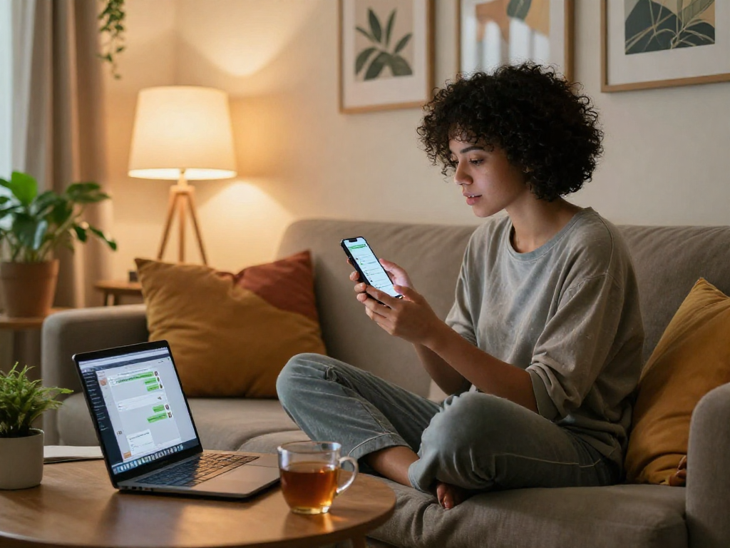 Engaging sex chat in a cozy home atmosphere with smartphone.