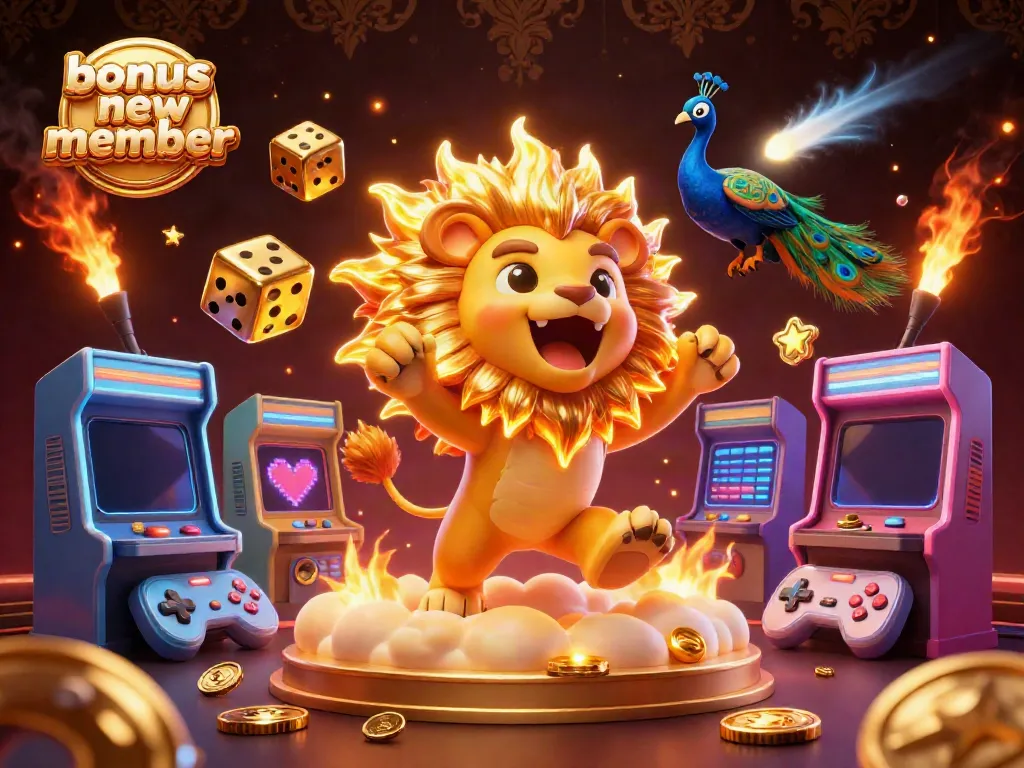 Bonus new member illustration showing a lion and dice in a vibrant casino scene.
