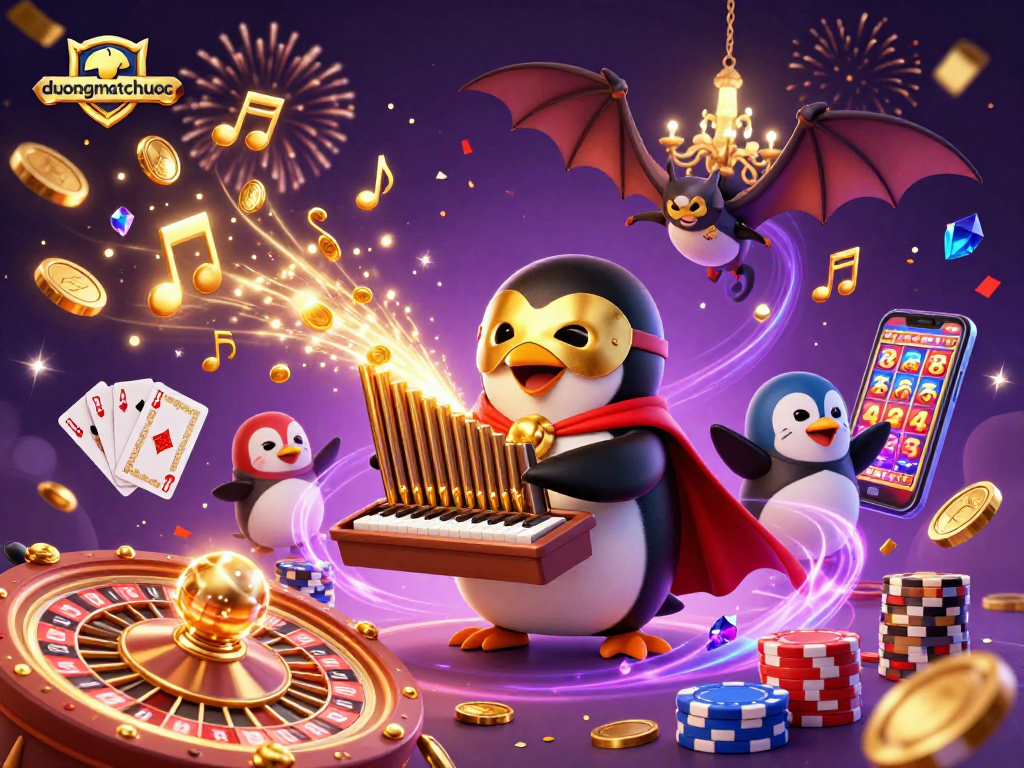 Experience the excitement of duongmatchuoc as the penguin plays an organ shooting golden coins in a festive casino scene.