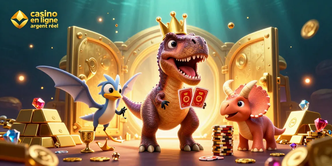 Jeu dynamique au casino en ligne argent réel avec un T-Rex, un ptérodactyle et un tricératops dans une scène riche en trésors.
