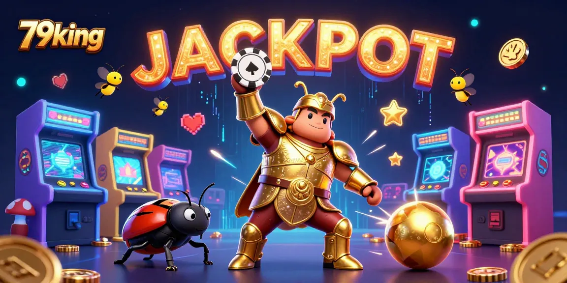 Playing and winning big at 79king with a cartoon beetle in armor lifting a poker chip