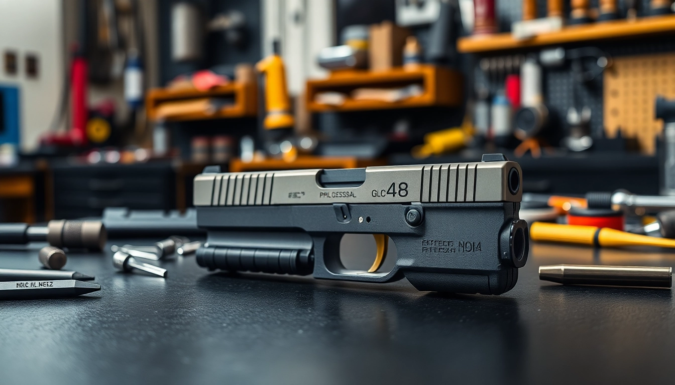 Showcasing a glock 48 slide with precise details in a craftsman's workshop.