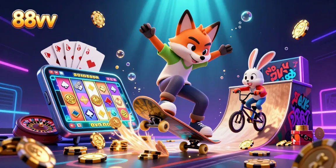 Experience thrilling slot action with 88vv in an ultra-detailed scene of animated casino fun.