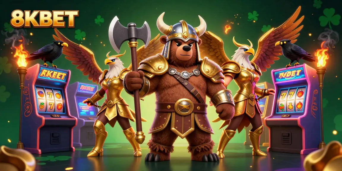 Experience thrilling gameplay with 8KBET's Viking bear and Valkyrie in a vibrant casino atmosphere.