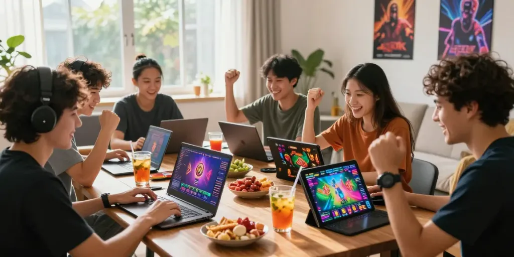 Group of friends enjoying สล็อตเว็บตรง gaming session, vibrant atmosphere with laptops and snacks.