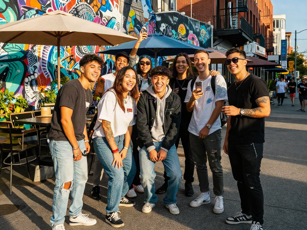Look alikes of famous people enjoying a sunny day in a vibrant urban street, capturing their trendy styles.