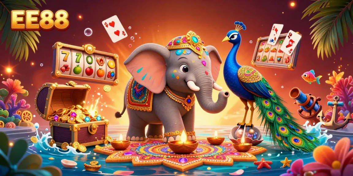 Engage with the vibrant 3D illustration showcasing the EE88 casino environment with dynamic elements bursting in colors.
