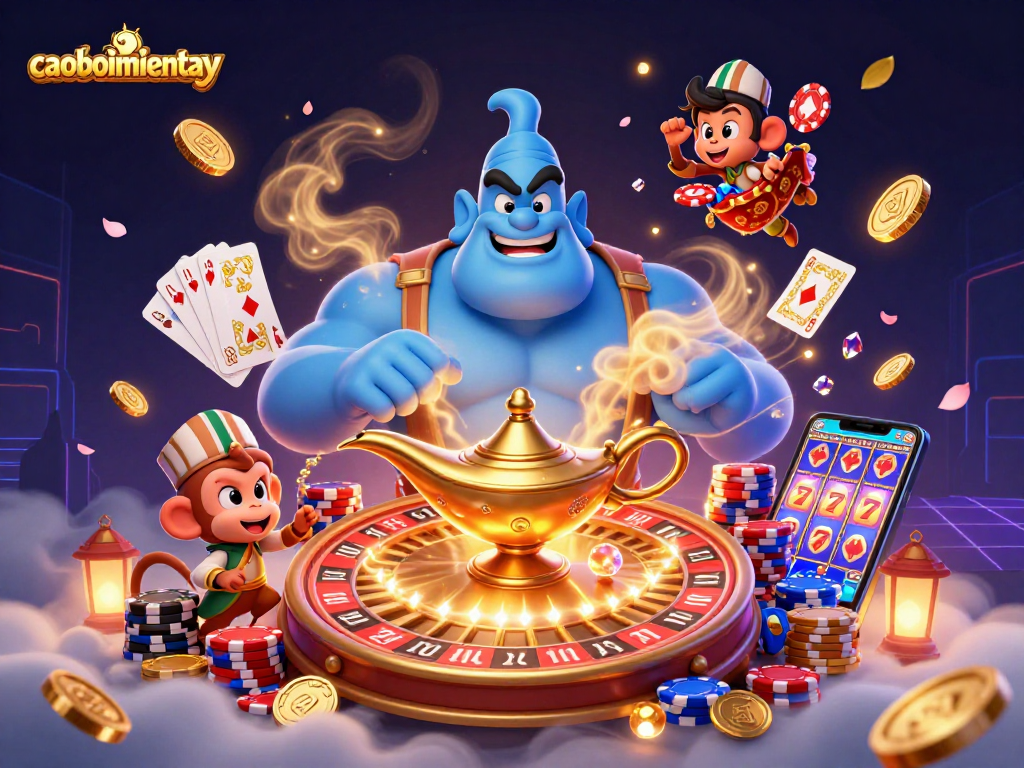 Engage with caoboimientay as a genie bursts from the lamp amidst sparkling casino elements.