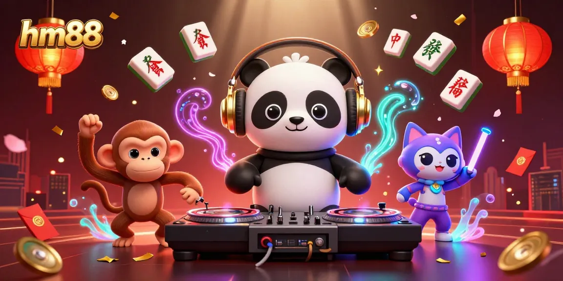 Engage with the vibrant casino scene at hm88 featuring a DJ panda, monkey dancer, and glowing elements.