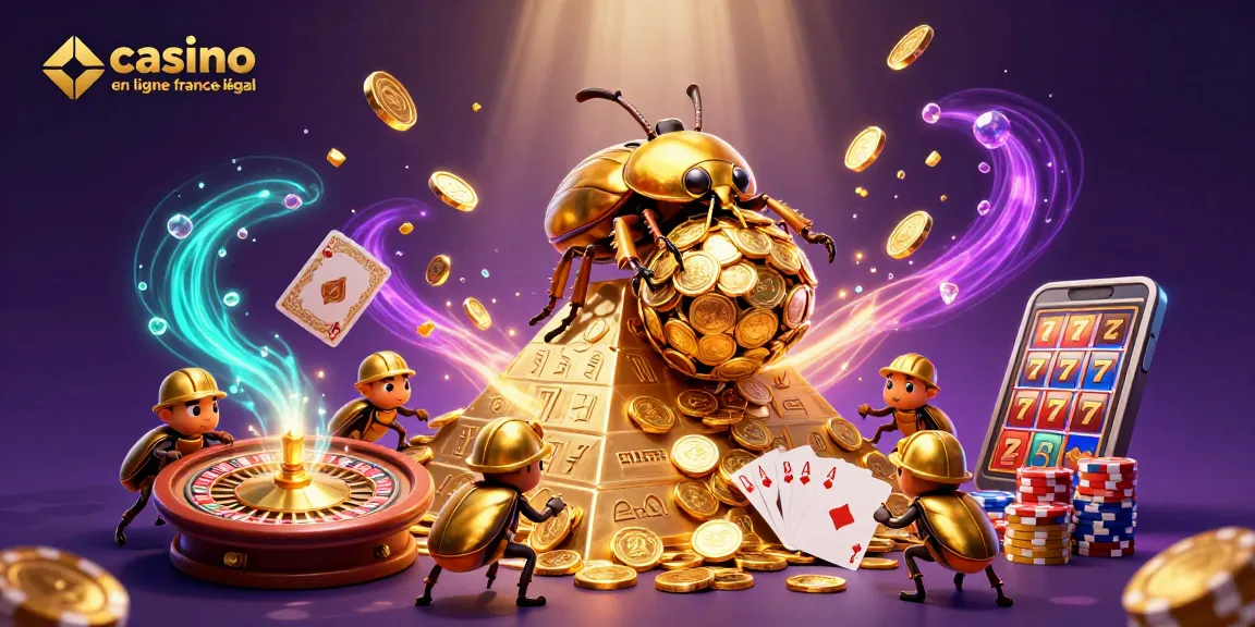 Visualisez une scène de casino en ligne France légal avec un scarabée doré et des pièces volantes.
