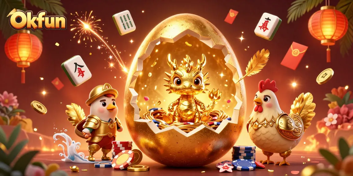Engage in exhilarating gaming at Okfun with a vibrant scene showcasing a golden dragon and poker chips.