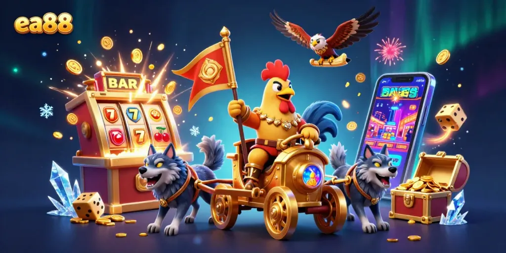 Hình ảnh ea88 mô tả game slot với chiến binh gà và các biểu tượng may mắn.