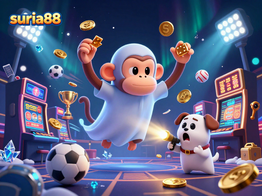 Join suria88 for thrilling slot gaming experiences with vibrant illustrations of casino excitement and playful characters.