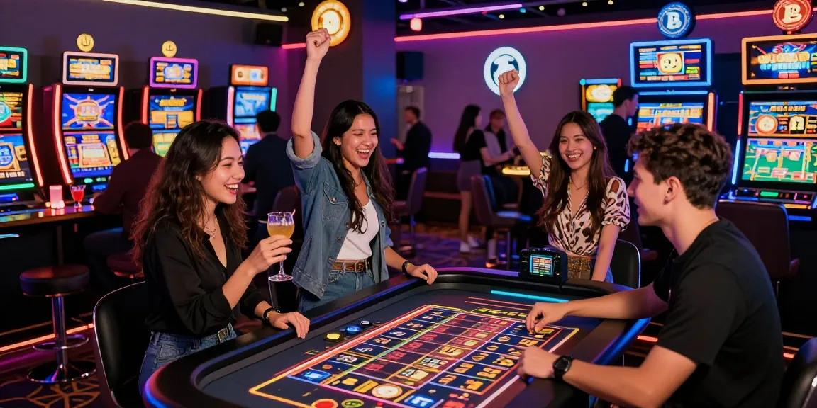 Dynamic crypto casino scene with excited players celebrating a win at the roulette table.