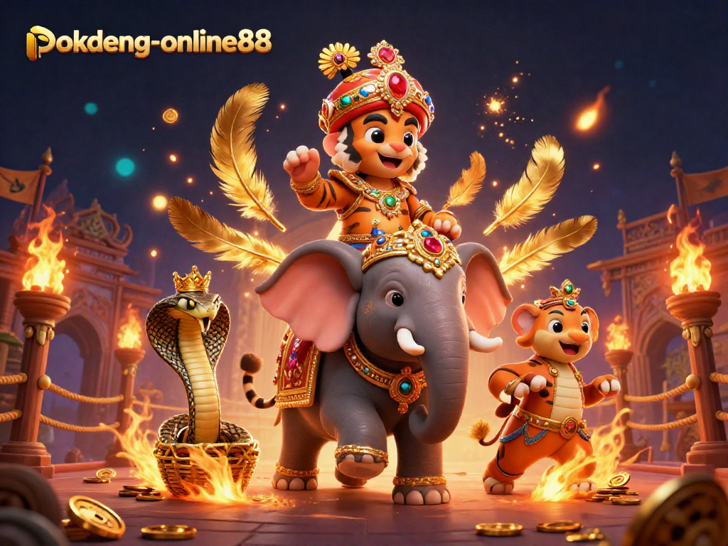 Engage in Pokdeng-online88 with a majestic elephant and maharaja amidst dynamic casino elements.