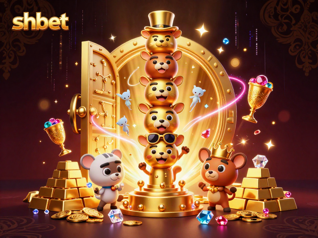 shbet showcases an enchanting casino scene with a golden totem pole and bursting treasure vault.
