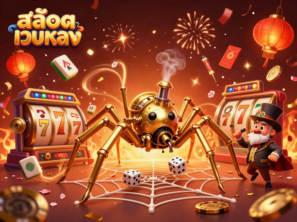 Engage with สล็อตเว็บตรง through an exciting scene featuring a steampunk spider and animated casino elements.