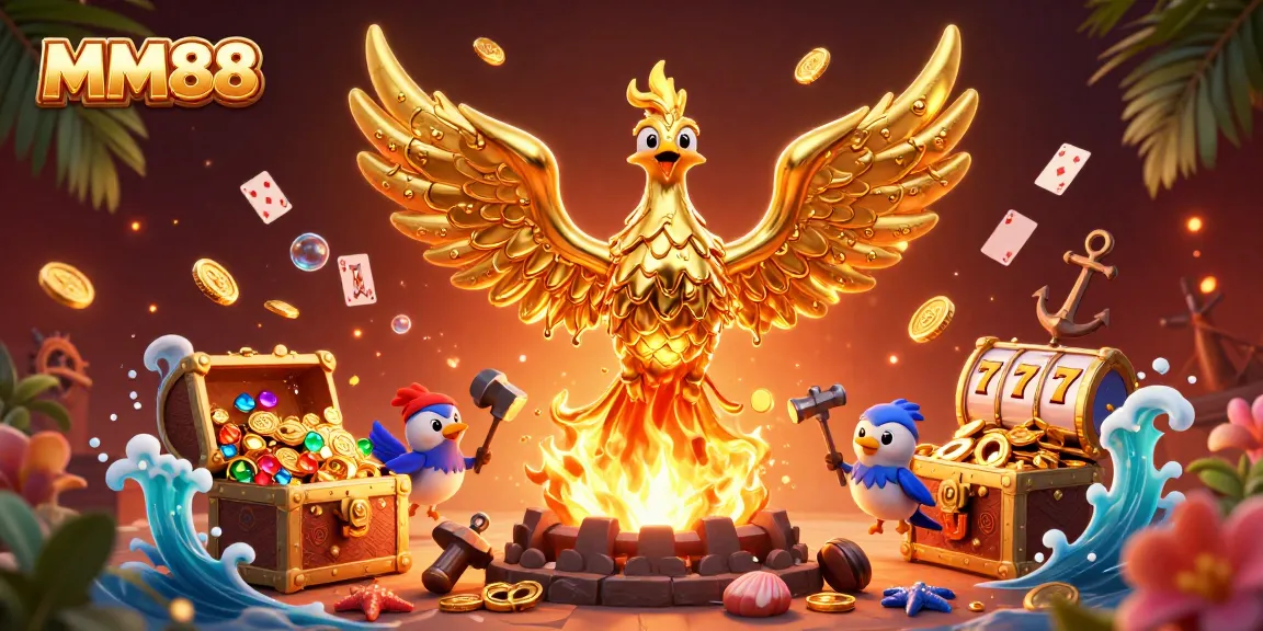 Experience the thrill of MM88 with captivating golden phoenix and animated slot game elements.