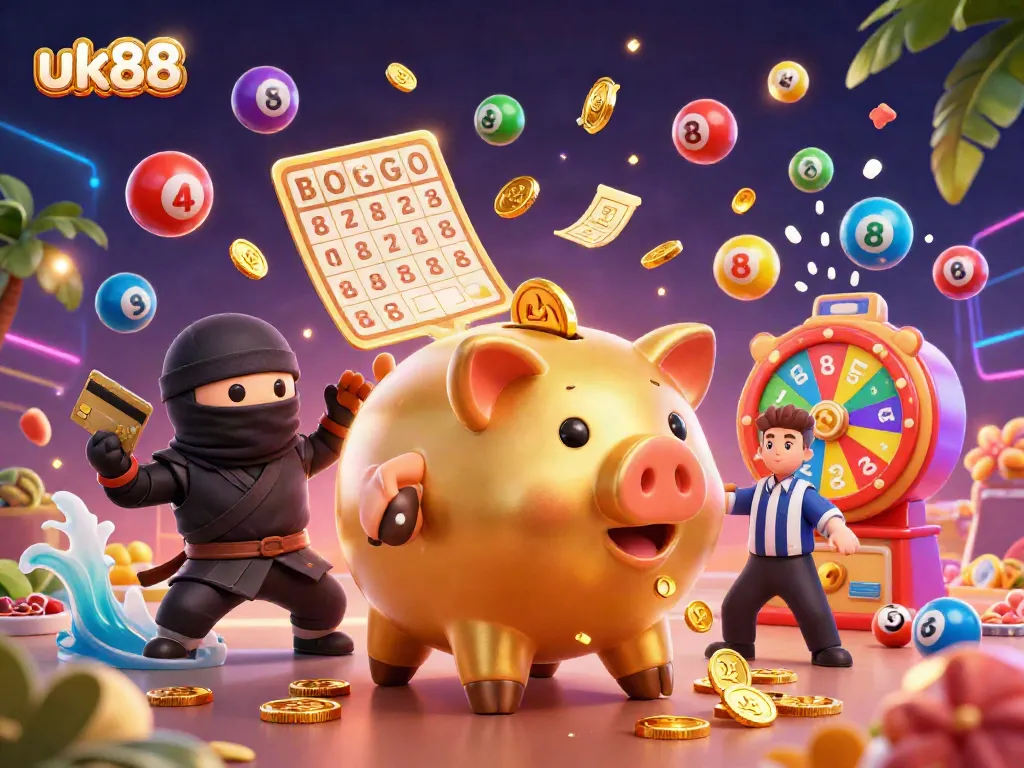 Experience the excitement at uk88 with a vibrant 3D casino scene featuring playful characters and lottery elements.